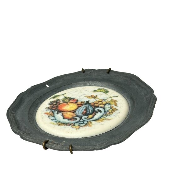 Vintage Pewter Coasters Ceramic Fruit Design Inserts Wall Decor Set of 6 READ - Picture 8 of 13